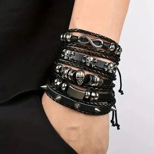 5pcs set FA Leather Bracelets Gothic Rock Skull Halloween Costume